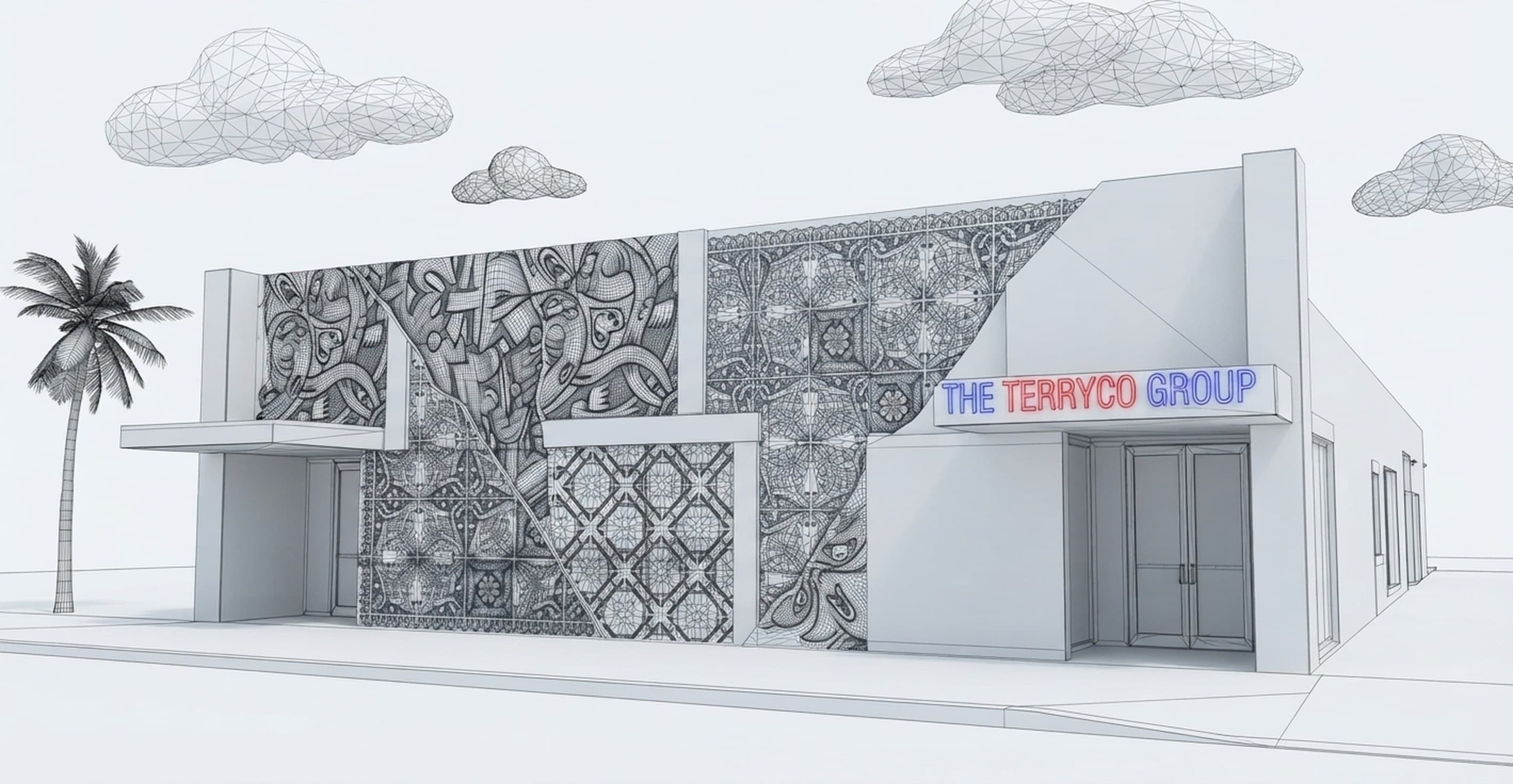 Architectural wireframe of The Terryco Group headquarters in Little River, Miami